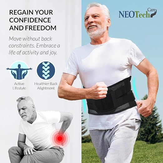 NeoTech Care Lower Back Brace for Women or Men, Lumbar Back Support Belt (Black, Size M)
