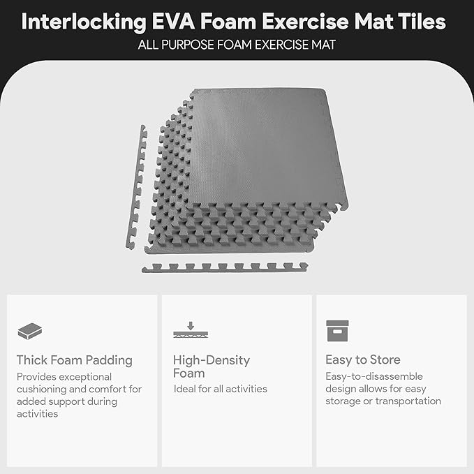 BalanceFrom Puzzle Exercise Mat 1/2" Thick, EVA Interlocking Foam Floor Tiles for Home Gym, Mat for Home Workout Equipment, Floor Padding for Kids, Gray, 24 in x 24 in x 1/2 in, 24 Sq Ft - 6 Tiles | Tiles for Home Gym, Mat for Home Workout Equipment, F...