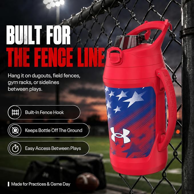 Under Armour Insulated Water Bottle with Handle & Fence Hook, Half Gallon Sports Water Jug, Leak-Resistant & BPA-Free for Baseball, Football & Gym - Red Americana, 64oz
