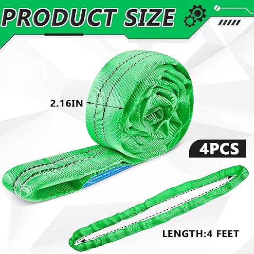 Fabbay 4 Pcs 4 Feet Heavy Duty Polyester Endless Loop Round Lift Slings Lifting Straps for Hoist Towing Moving Furniture Rigging Equipment, 5300 LB Vertical 4200 LB Choker 10600 LBs Basket(Green)