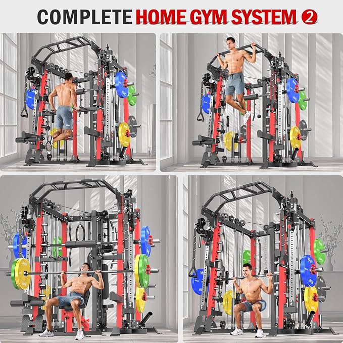 Smith Machine，Multi-Function Squat Rack Power Cage with Cable Crossover System,with Optional Weight Bench, Olympic Barbell Weight Set, for Home Gym