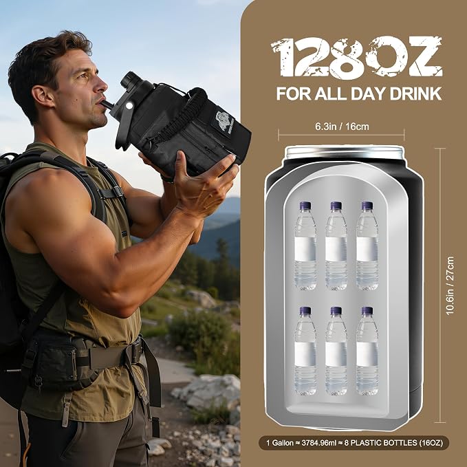 NATURE PIONEOR 128oz/1 Gallon Tactical Water Bottle with MOLLE Bottle Pouch | 18/8 Food-grade Stainless Steel, Double Vacuum Insulation, Wide-Mouth, Straw & Spout Lid, Strap, Camping, Hiking, Gym, Work
