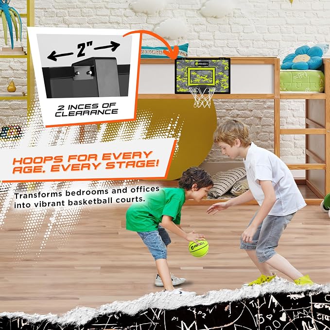 AND1 Over the Door Mini Basketball Hoop: 18x12 Shatterproof Backboard, 2 Mini Basketballs, and Hand Pump Included- Ultimate Indoor Basketball Accessory for Kids and Adults, No Tools Required
