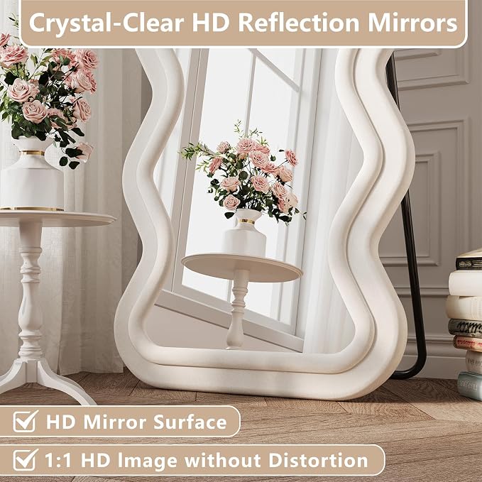 Full Length Mirror, 63"x24" Wavy Full Body Mirror Flannel | Full Body Mirror with Stand, Flannel Mirrror Bedroom and Living Room, Wall Mirror Hanging or Leaning, White