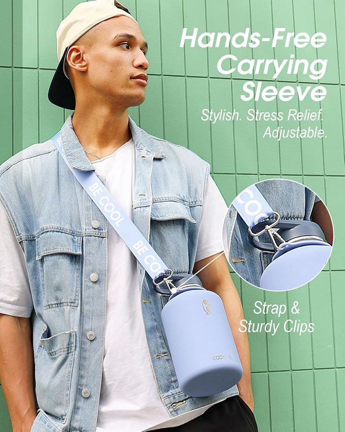 Coolflask Half Gallon Water Bottle Insulated Stainless Steel with Strap | 64 oz Large Water Jug with Straw & Spout Lids,Triple-Wall, Cold 48+h,Dishwasher Safe, Leakproof, BPA-Free,for Gym & Hiking