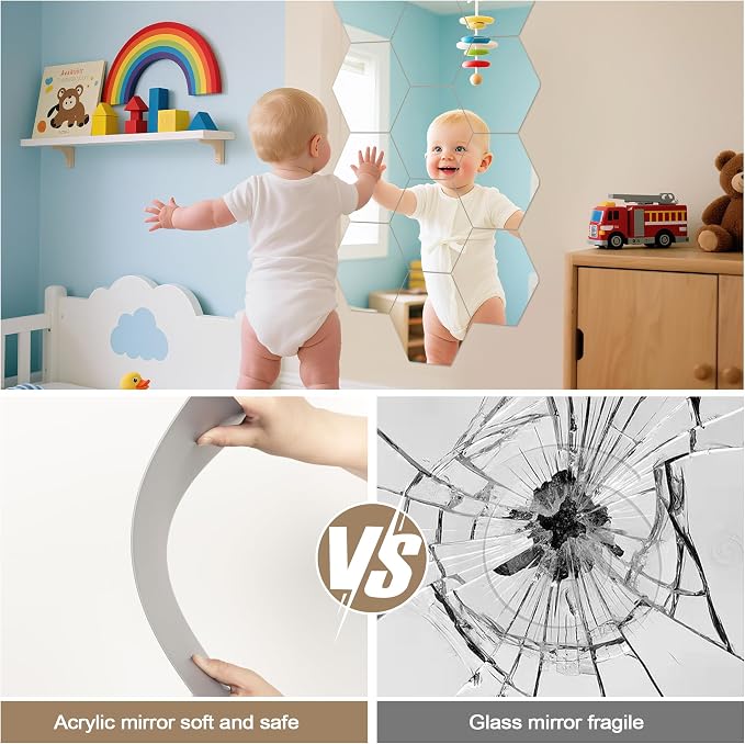 Hexagon Self Adhesive Peel and Stick Stick on Acrylic Mirror for Wall | Small Mirrors Tiles 11.8x11.8 Inch 10PCS, Flexible Unbreakable Full Length Mirror for Bathroom Gym Home Door Decor