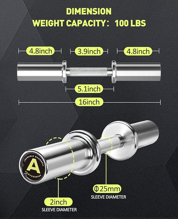 AboveGenius Pair of 16" Olympic Dumbbell Handles, Loadable Dumbbell Bars for 2-inch Olympic Weight Plates Great for Home Gym Strength Training, Weight Bars with 2 Pair of Spring Collars | Solid Steel Loadable Weight Bars for 2-Inch Plates, Adjustable H...