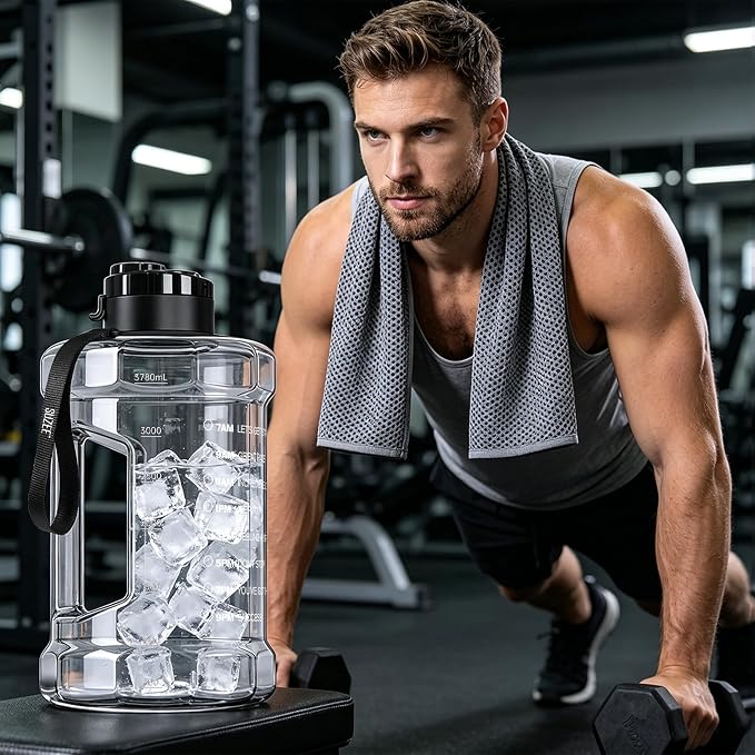 Large Water Bottle with Motivational Time Marker & Straw & Handle,2 Lids | BPA Free,Gallon Water Jug, Half Gallon water Bottle for Sport Gym Camping Workout Outdoors Yoga (Clear)