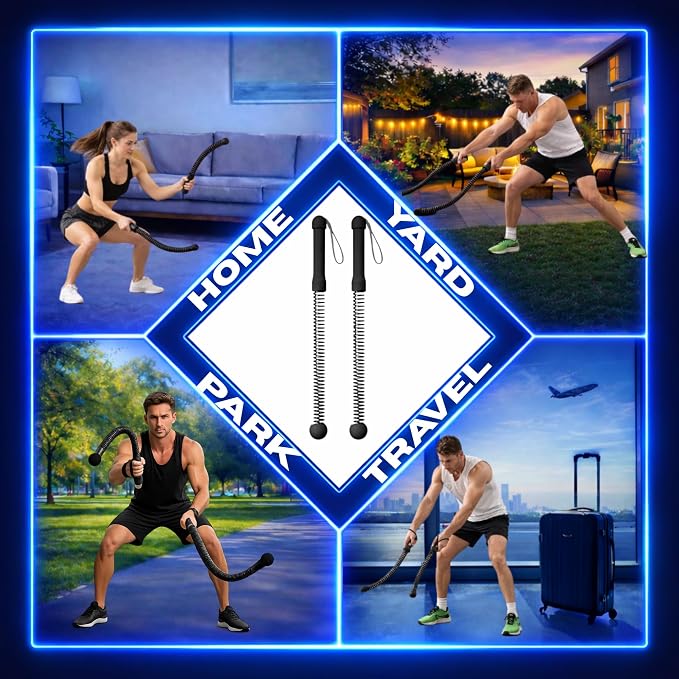 Cordless Battle Ropes (2 PCS) – Portable Weighted Ropeless Battle Rope Sticks with Hand Gloves for HIIT Workout, Home Gym Strength & Cardio Training (Black & Orange)