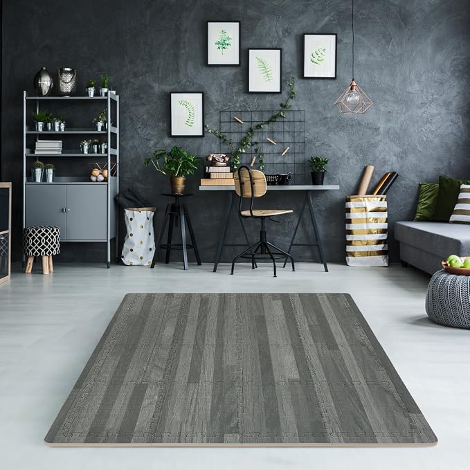 Sorbus Wood Floor Mats Foam Interlocking Mats Each Tile 1 Square Foot 3/8-Inch Thick Puzzle Wood Tiles with Borders – for Home Office Playroom Basement (16 Tiles 16 Sq ft, Wood Grain - Gray)