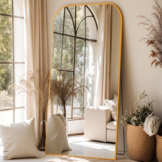 Full Length Mirror with Stand 76"x34" Floor Mirror Freestanding, Arched Floor Standing Large Mirrors Full Body Wall Hanging Leaning Home Decor for Bedroom & Living Room, Gold