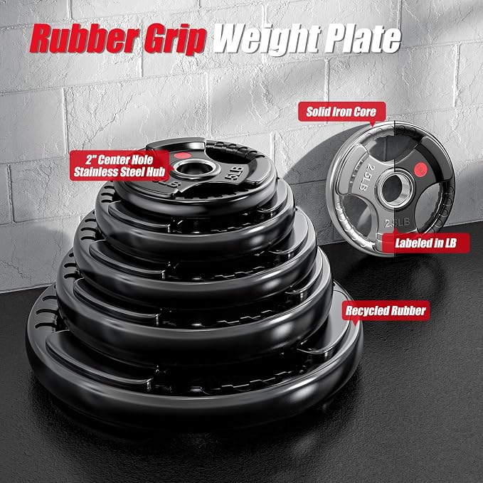 Gikpal Olympic Weight Plates, 2-Inch Three-Grip Rubber Coated Barbell Plates with Steel Hub, Cast Iron Weights for Strength Training & Home Gym, Pair or Sets (2.5–45LB)