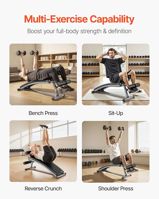 VEVOR Sit Up Bench, Curved Decline Ab Bench with Reverse Crunch Handle, with 6 Adjustable Height Setting, Heavy Duty Steel, 600 Lbs Capacity for Home Gym Workouts, Strength Training, Full Body Muscles