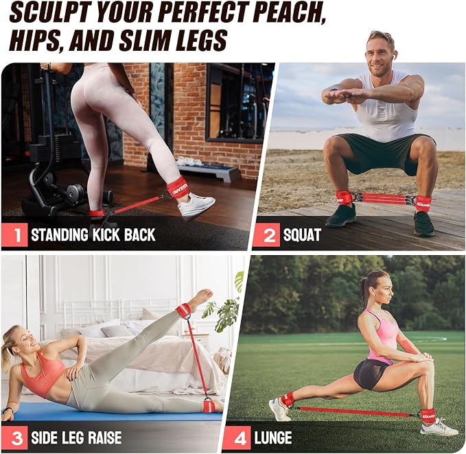 KUZARO Ankle Resistance Bands with Cuffs, Ankle Weights Bands for Working Out, Women Leg and Glutes Workout Equipment, Exercise Bands for Kickbacks, Butt and Booty Trainer, Home Gym Fitness Equipment