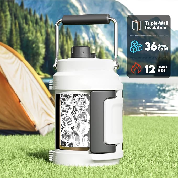 64 oz Insulated Water Bottle for Gym: Meoky Triple Wall Vacuum Stainless Steel Half Gallon Water Jug - Top and Side Handles, 2-in-1 Straw and Spout Lid, Cold for 36 Hrs, Leak Proof for Camping (Ivory)