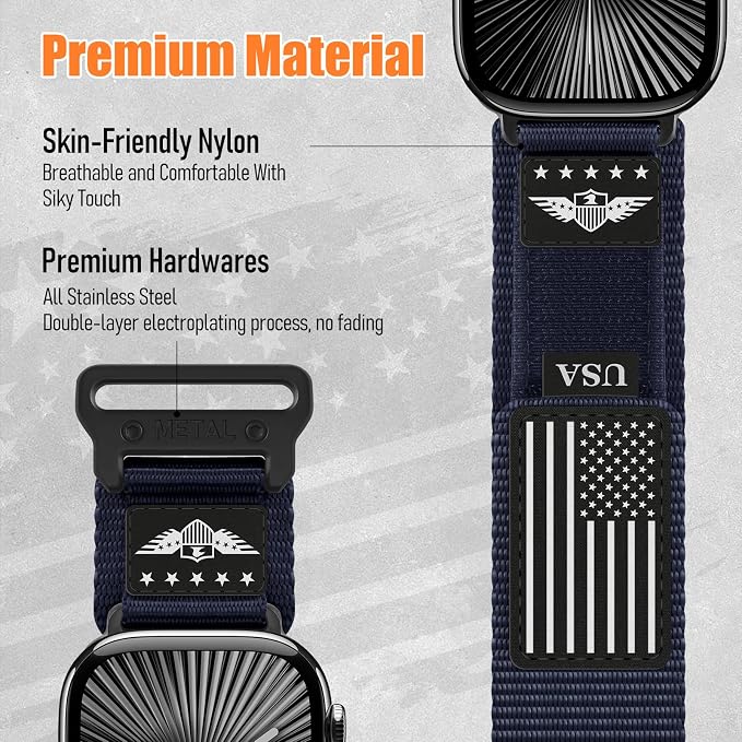 Rugged Nylon for Apple Watch Ultra 2/ Ultra 3 Band Series 11/10/9/8/7/6/5/4/3/SE iWatch Bands Men,Soft Woven Stars-Stripes Flag Wristbands Strap for Apple Watch Ultra 3/2/1 49mm 46mm 45mm 44mm 42mm