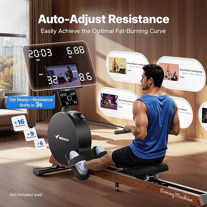 MERACH Pro-Grade Rowing Machines for Home, Smart Magnetic Rowing Machine with Self-Generation, Double Resistance and 400 LBS MAX Load, Wooden Tracks for Silent Sliding