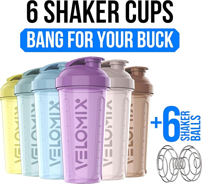 VELOMIX 6 Pack 28oz Protein Shaker Bottle, Pastel Power Series | 6x Wire Whisk, Leak Proof Shaker Cups for Protein Shakes, Stackable, Dishwasher safe, BPA free, Pre Workout and Fitness ready