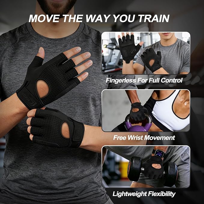 Workout Gloves for Men Women, Weight Lifting Gloves with 5MM Padded Palm, Non-Slip Gym Gloves, Fingerless Breathable Fitness Gloves for Training, Exercise, Pull Ups