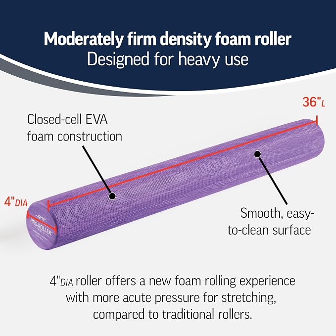OPTP PRO-ROLLER Standard Density Foam Roller – Round, Purple, 36" x 4" | Durable roller for back massage, deep tissue foam roller exercises, stretching, fitness, yoga & Pilates, purple, 36" x 4"