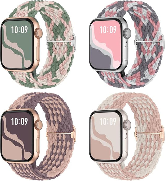 4 Pack Braided Stretchy Bands Compatible with Apple Watch 40mm 41mm 38mm 42mm 44mm 45mm 46mm 49mm Women Men, Breathable Nylon Elastic Daily Use Straps for iWatch Series 11/10 9 8 7 6 5 4 3 SE/Ultra 2