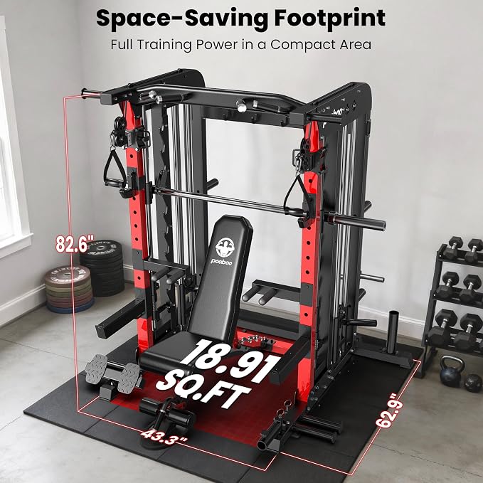 pooboo Multi-Functional Machine Power Cage, 2000LB Squat Rack, LAT-Pull Down System, Dual Pulley Cable Crossover System, Home Gym Workout Machine with Strength Training Attachments