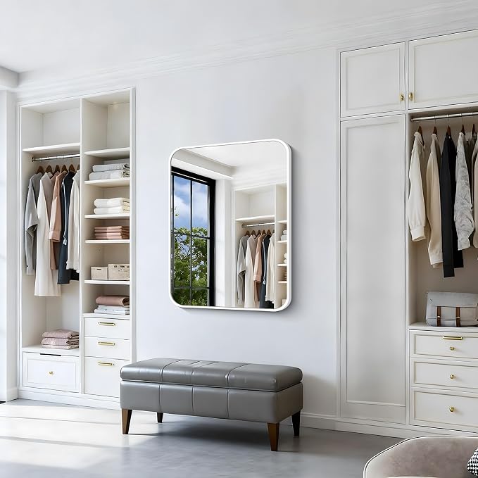 BONEWEI White Bathroom Mirror,30x36 inch Wall Mirror for Bathroom Wall Mounted,Rectangle Mirror for Bathroom Over Sink,Modern Frame Round Corner for Living Room,Bedroom Entryway,Horizontal/Vertical