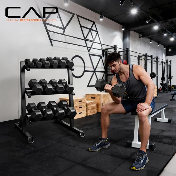CAP 280 LB, 550 LB, 1200 LB Dumbbell Set with Horizontal 2-3 Tier Rack, Rubber Hex Free Weights, Home Gym Weight Set for Strength Training
