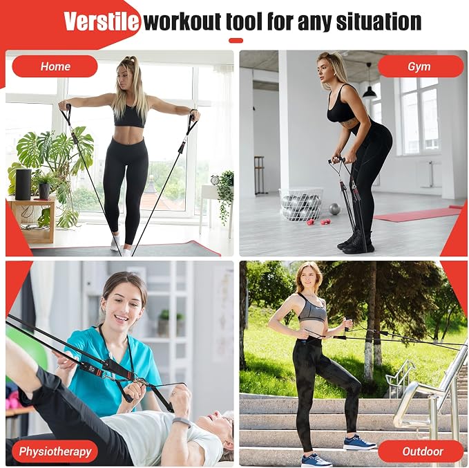 Resistance Bands with Handles for Women, 5 Level Exercise Bands | Workout Bands for Physical Therapy, Yoga, Pilates, Door Anchor, Storage Pouch, Training Poster