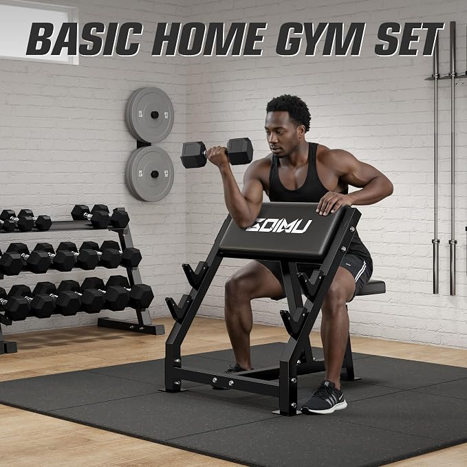 PC01 Preacher Curl Bench, Seated Arm Isolated Barbell Dumbbell Bicep Station, Adjustable Bicep Curl Machine with 2 Bar Holders for Home Gym