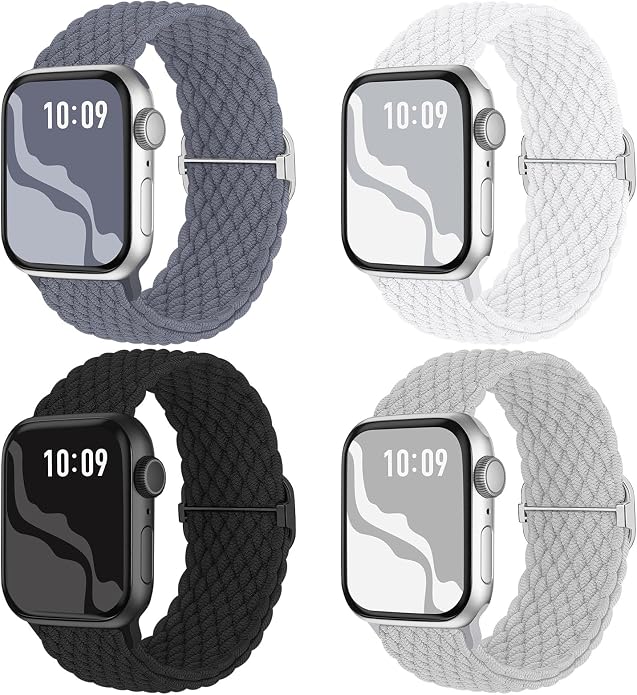 4 Pack Braided Stretchy Bands Compatible with Apple Watch 40mm 41mm 38mm 42mm 44mm 45mm 46mm 49mm Women Men, Breathable Nylon Elastic Daily Use Straps for iWatch Series 11/10 9 8 7 6 5 4 3 SE/Ultra 2