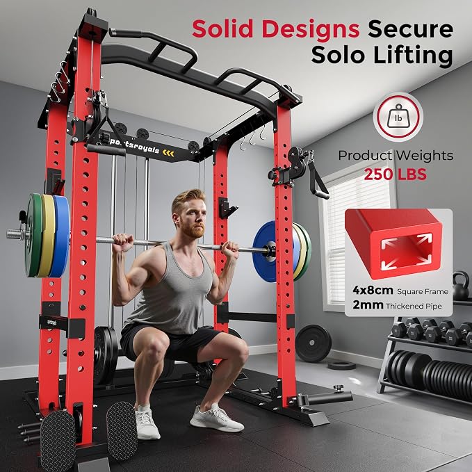SPORTSROYALS Power Rack, Multi-Functional Power Cage, Squat Rack with Pulley System & LAT Pull Down, Workout Cage with J Hooks for Home Gym