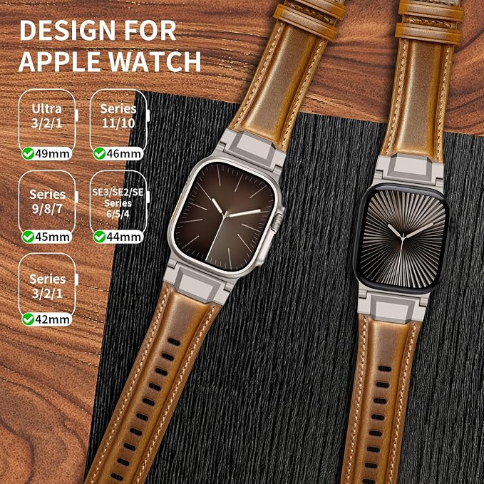 Bands Compatible with Apple Watch Ultra 3/2/1 Band 49/46/45/44mm | Genuine Leather Metal Connector Strap for iWatch Ultra Series 11/10/9/8/7/SE/6/5/4/3/2/1, Brown/Titanium