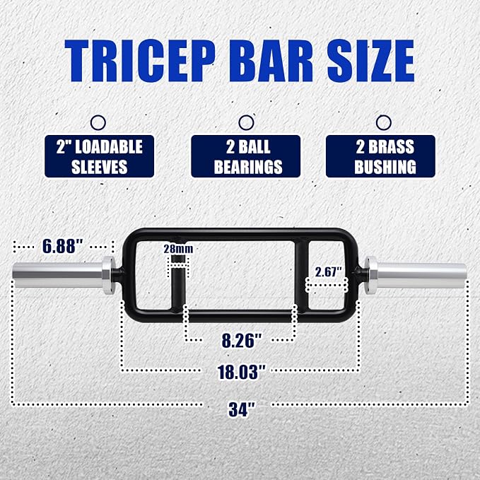 34” Hard Chrome Olympic Triceps Bar, 500LB | Neutral grip weight bar with knurled handles, rotating sleeves, 6.88-inch loadable length, and 2-inch plate fit