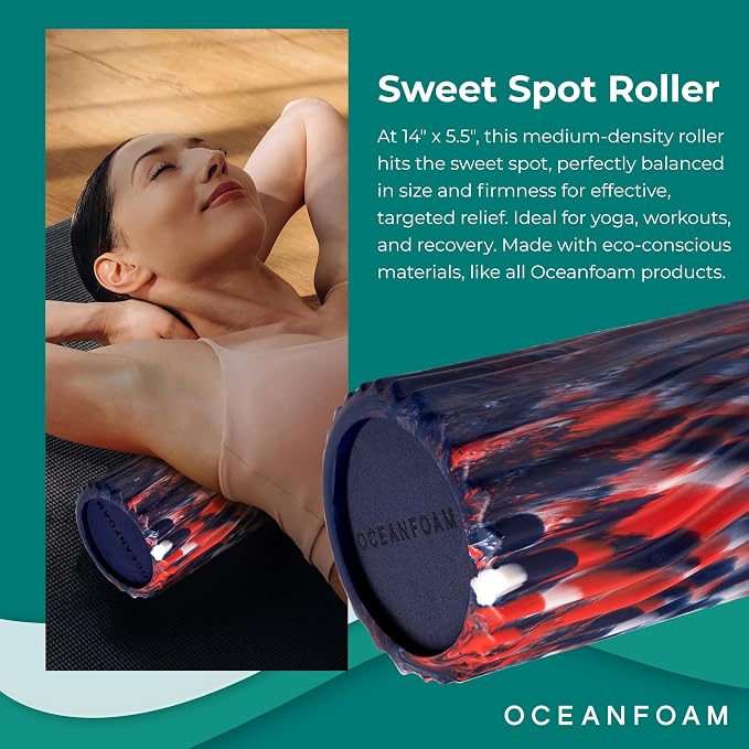 Oceanfoam Sweet Spot Medium Exercise Foam Roller 14"x5.5" – Medium Density Travel Foam Roller for Physical Therapy, Deep Tissue Massage, Yoga, Pilates, Wave Texture (Dark Navy, Red & Natural Marbled)