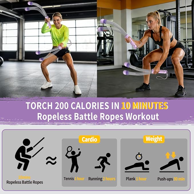 Portable Adjustable Ropeless Battle Ropes with Purple | Weighted Cordless Workout Rope with Anti-slip Handles for Low-impact Cardio, HIIT, Home Gym and Office Fitness