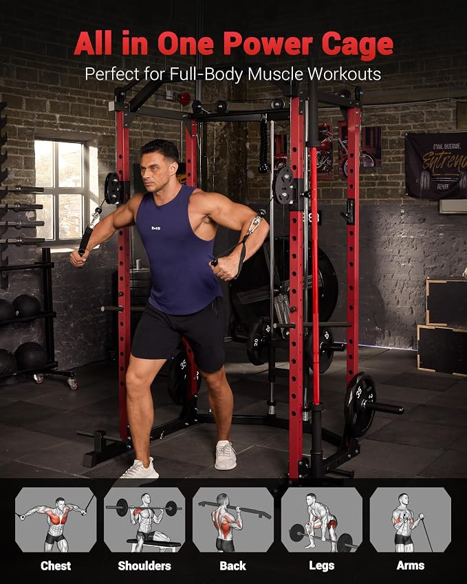 Garvee Power Cage with Cable Crossover System, Power Rack for Home Gym | 1600 Lb Capacity, Carbon Steel Squat Machine with LAT Pulldown Pulley System, J-Hooks, Dip Handles, Landmine Attachment