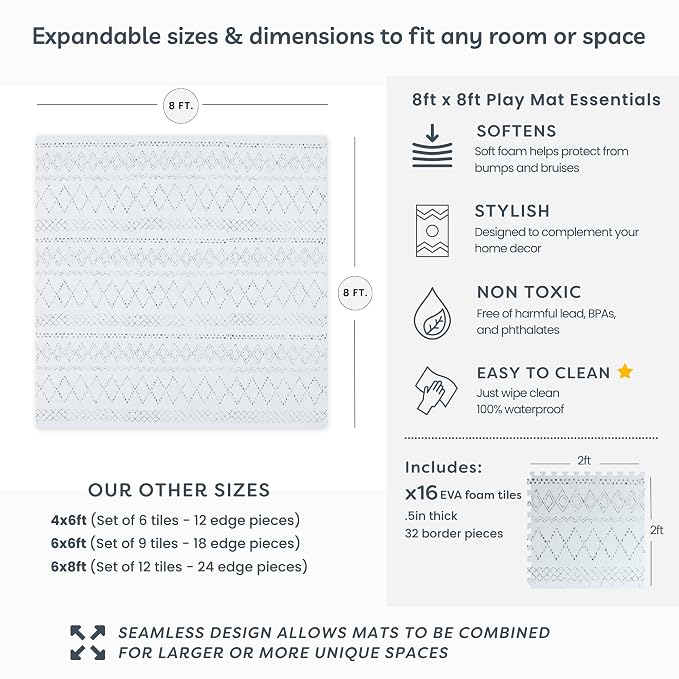 Little Landings Baby Play Mat for Floor - Boho (8x8ft) - Premium EVA Foam Play Mat for Babies & Toddlers (Ages 0-5+) - Non-Toxic Playmat for Tummy Time, Crawling & Playroom - Stylish & Comfortable