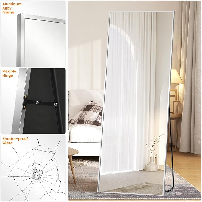 TRAHOME Full Length Floor Mirror 70"x24", Standing Mirror with Aluminum Frame, Large Body Mirror for Bedroom, Living Room and Bathroom, Silver