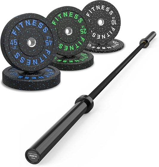 HANDBODE Olympic Barbell Set, 2-Inch Bumper Plates with Weight Plate Rack | Colored Crumb Rubber Weight Plates for Weight Lifting & Strength Training, 90–530 lb Set with 45 LB (20 kg) Olympic Barbell