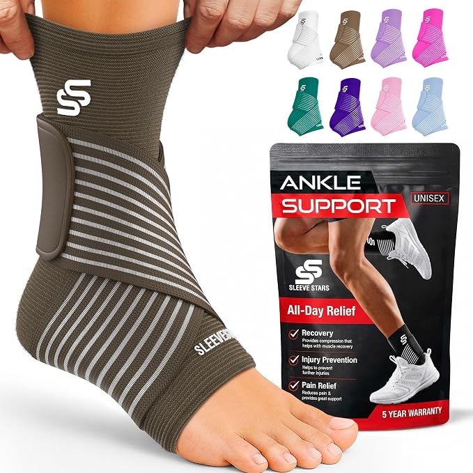Sleeve Stars Ankle Brace for Women & Men, Ankle Wrap for Sprain, Compression Sleeve for Plantar Fasciitis Relief, Easy Customizable Support: w/ Removable Strap (Single/M:10"-12"/Dark Brown)