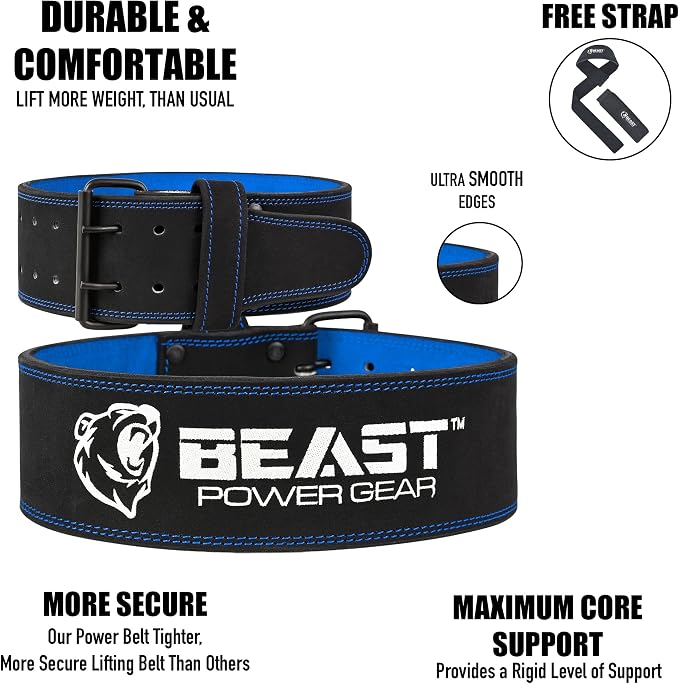 Beast Power Gear Weight Lifting Belts - Free Strap 4” Wide 10mm Thick for Weightlifting Bodybuilding Powerlifting Belt Superior Back Support Gym Belts for Men Women
