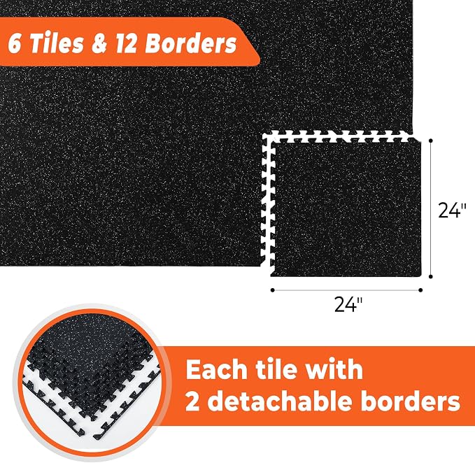 SUPERJARE 0.4'' Thick 6 Pcs 24 Sq Ft Rubber Top Exercise Equipment Mats, High Density EVA Foam Mats with Rubber Top, Interlocking Gym Flooring for Home Gym, Protective Workout Mat, Black/Grey