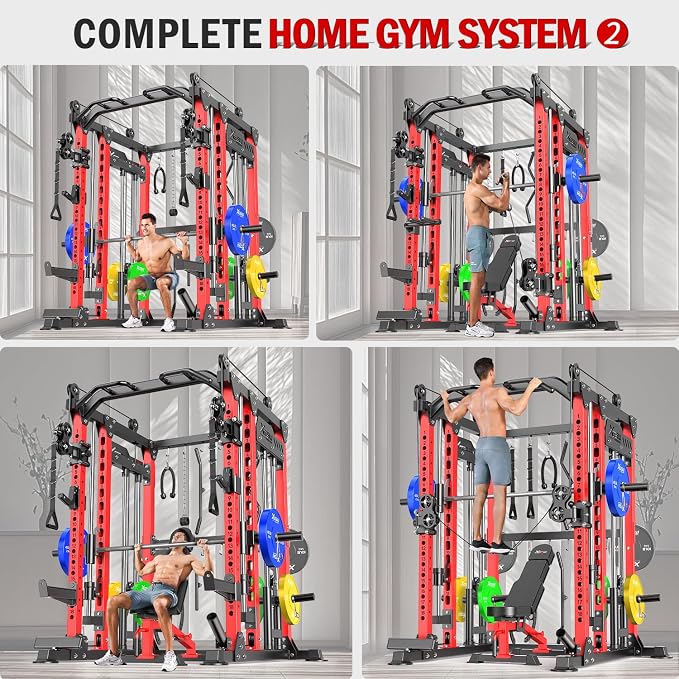 Smith Machine with Cable Crossover System, Multi-Function Power Cage Squat Rack for Home Gym, Power Rack and Packages Weight Sets.