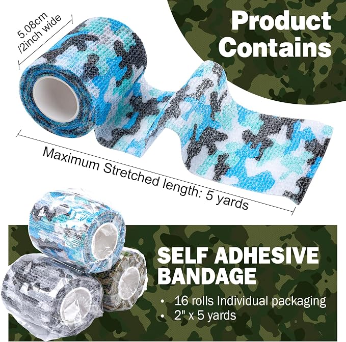 AZEN 16 Pack Camo Self Adhesive Bandage Wrap, 2" X 5 Yards Elastic Cohesive Bandage Wrap, Athletic Tape, Vet Wrap, Ankle Tape, Tattoo Tape Wrap (Camo)