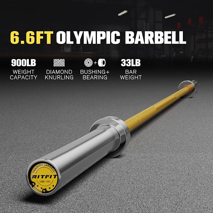 RitFit Elite 7ft Olympic Barbell, Robust 45lb Barbell for Weightlifting and Powerlifting, Superior Olympic Bar with Exceptional 500lbs Load Capacity, Weight Bar for 2” Standard Plates