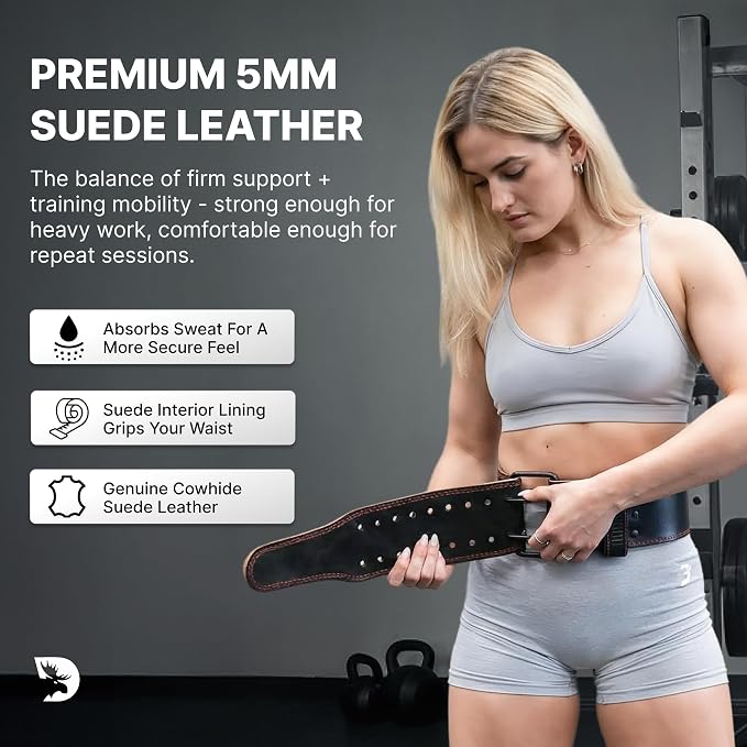 DMoose Fitness Weight Lifting Belt for Lower Back Support - 5mm Thick Genuine Leather Gym Belt for Squats, Deadlifts & Powerlifting - Double Prong Buckle with 10 Holes Adjustability for Men & Women