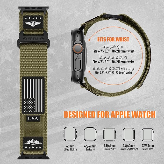 Rugged Nylon for Apple Watch Ultra 2/ Ultra 3 Band Series 11/10/9/8/7/6/5/4/3/SE iWatch Bands Men,Soft Woven Stars-Stripes Flag Wristbands Strap for Apple Watch Ultra 3/2/1 49mm 46mm 45mm 44mm 42mm