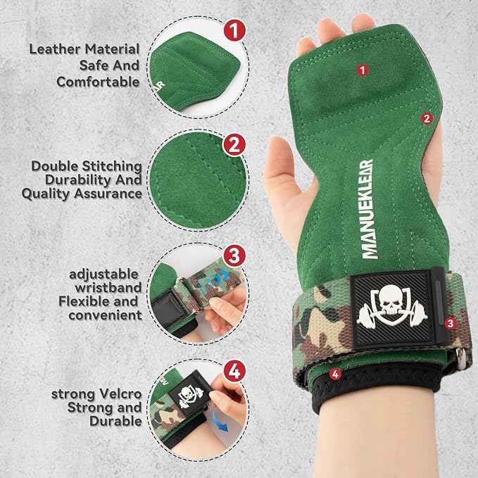 MANUEKLEAR Gym Straps Weight Lifting, Double Leather Lifting Straps for Men Deadlift with Cushion Wrist Loop, Gym Lifting Wrist Wraps for Weightlifting