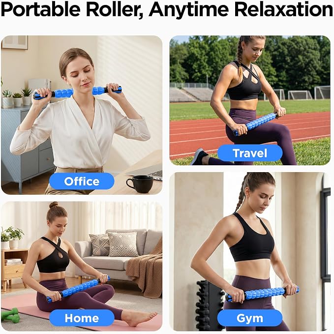 Muscle Roller & Massage Roller Stick for Athletes - Lymphatic Drainage Support, Relieves Muscle Soreness, Cramping & Tightness - Targets Legs, Arms, Back & Calves （Blue Wheel）